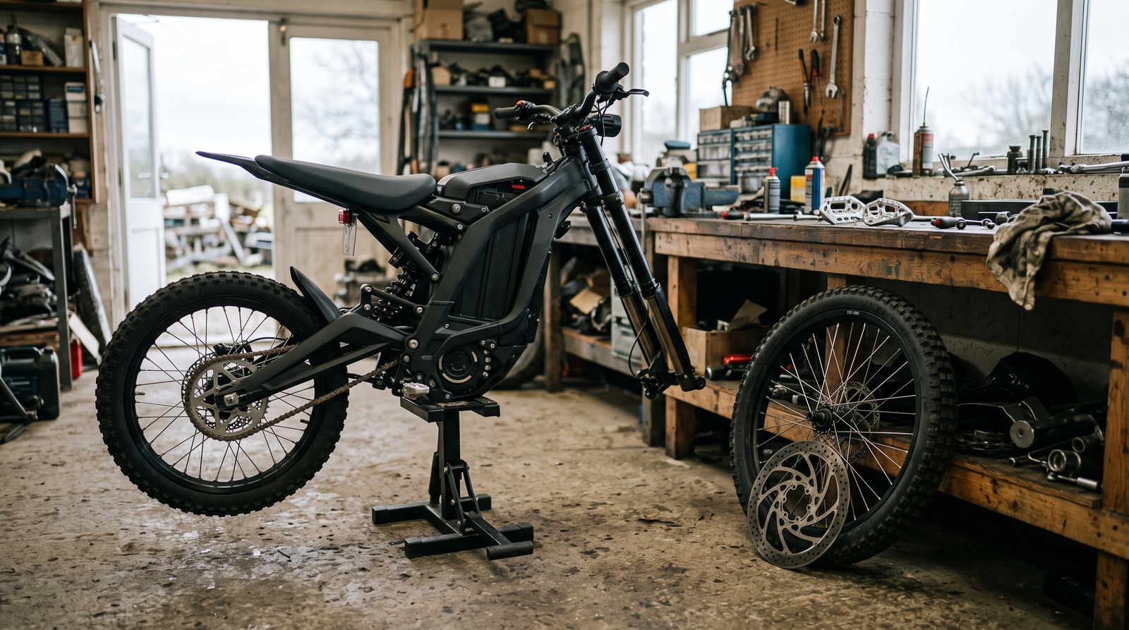 Large electric motorcycle on a stand with a spoked 19-inch wheel and floating rotors against the bench