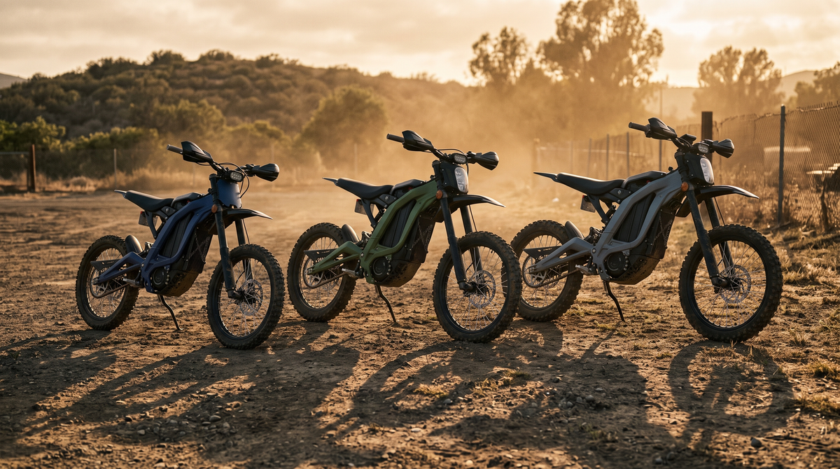 Three full-size electric motorcycles staged by size on a dirt lot at golden hour