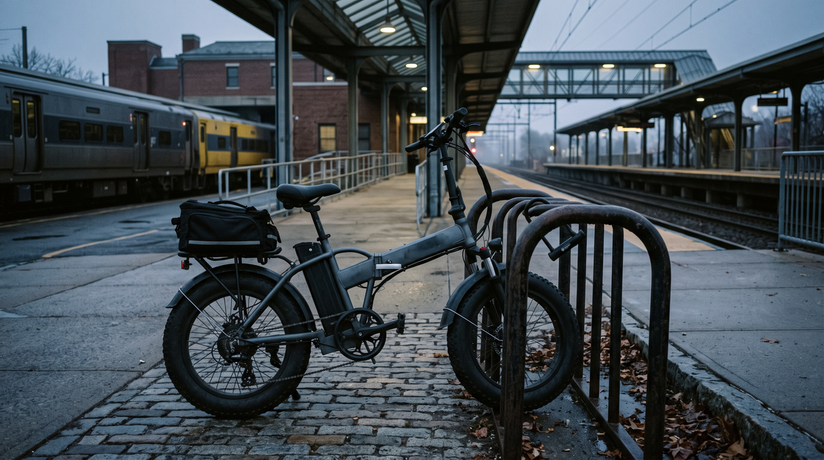 Folding fat-tire commuter e-bike locked at a train station bike rack at dawn