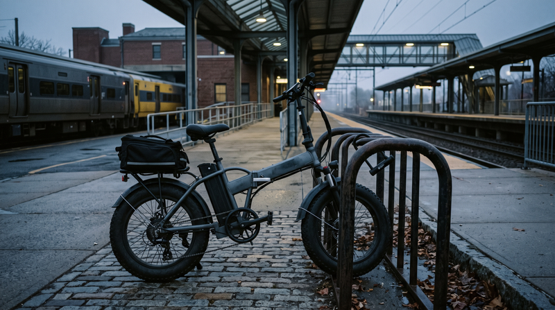 Folding fat-tire commuter e-bike locked at a train station bike rack at dawn