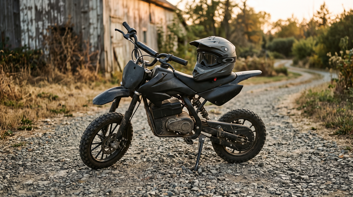 Small electric dirt bike with a helmet on the seat on a gravel driveway at golden hour