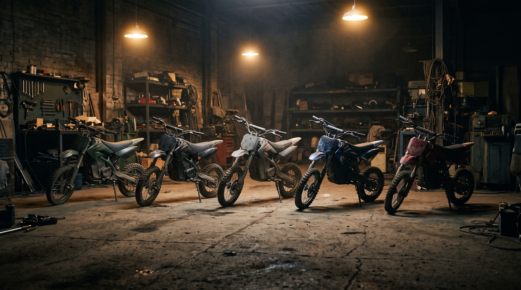 Lineup of compact electric dirt bikes under warm garage lights