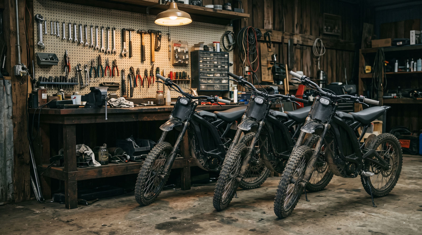 Four full-size electric dirt bikes parked along a workbench under a work lamp