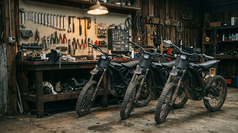 Four full-size electric dirt bikes parked along a workbench under a work lamp