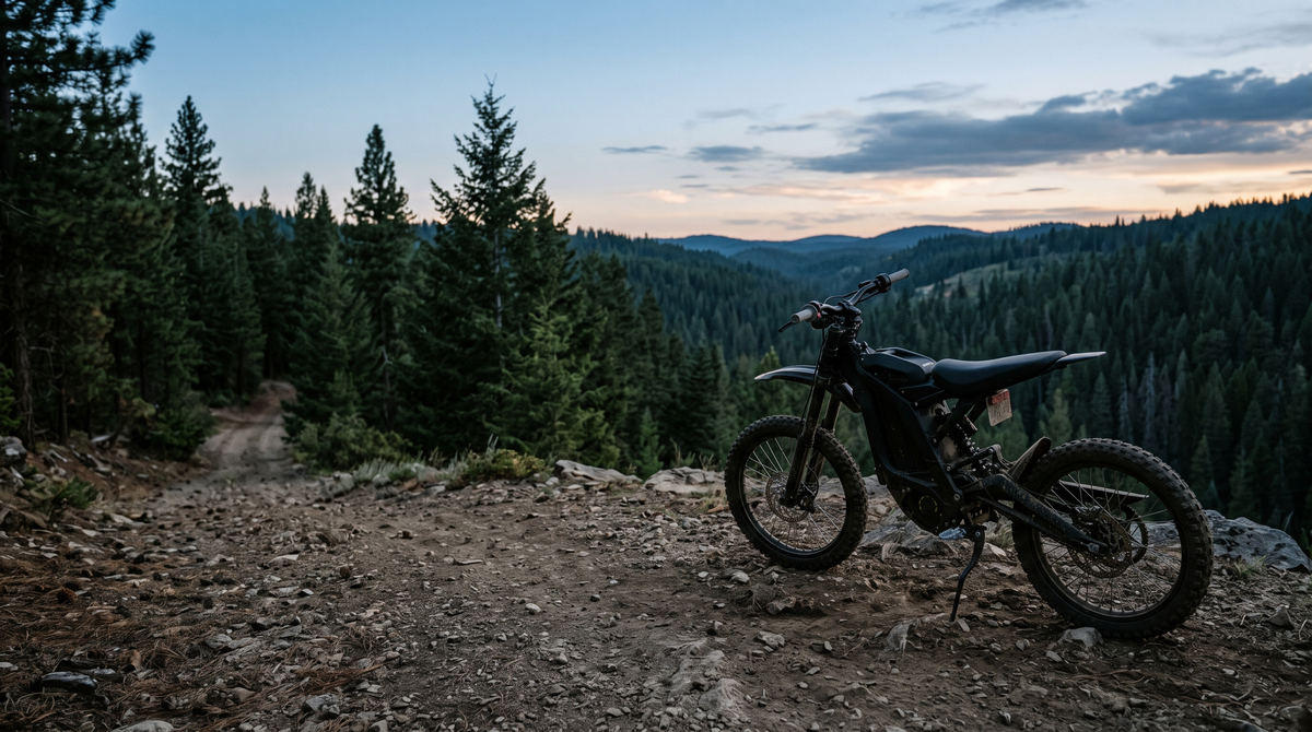 Electric dirt bike parked on a forest trail overlook at dusk