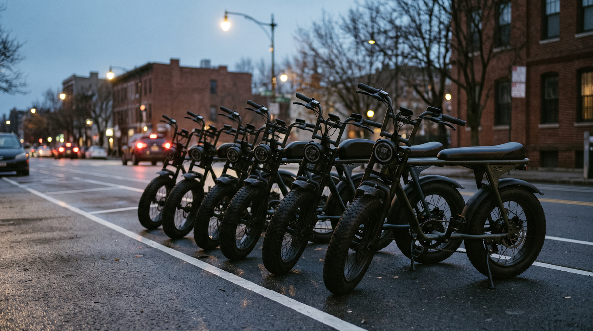 Row of moped-style fat-tire e-bikes parked along a city bike lane at dusk