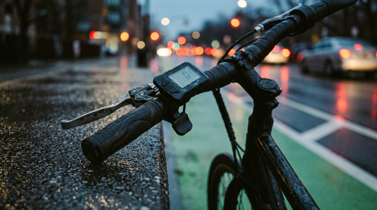 Close view of an e-bike handlebar with a thumb throttle at the edge of a wet city bike lane at dusk
