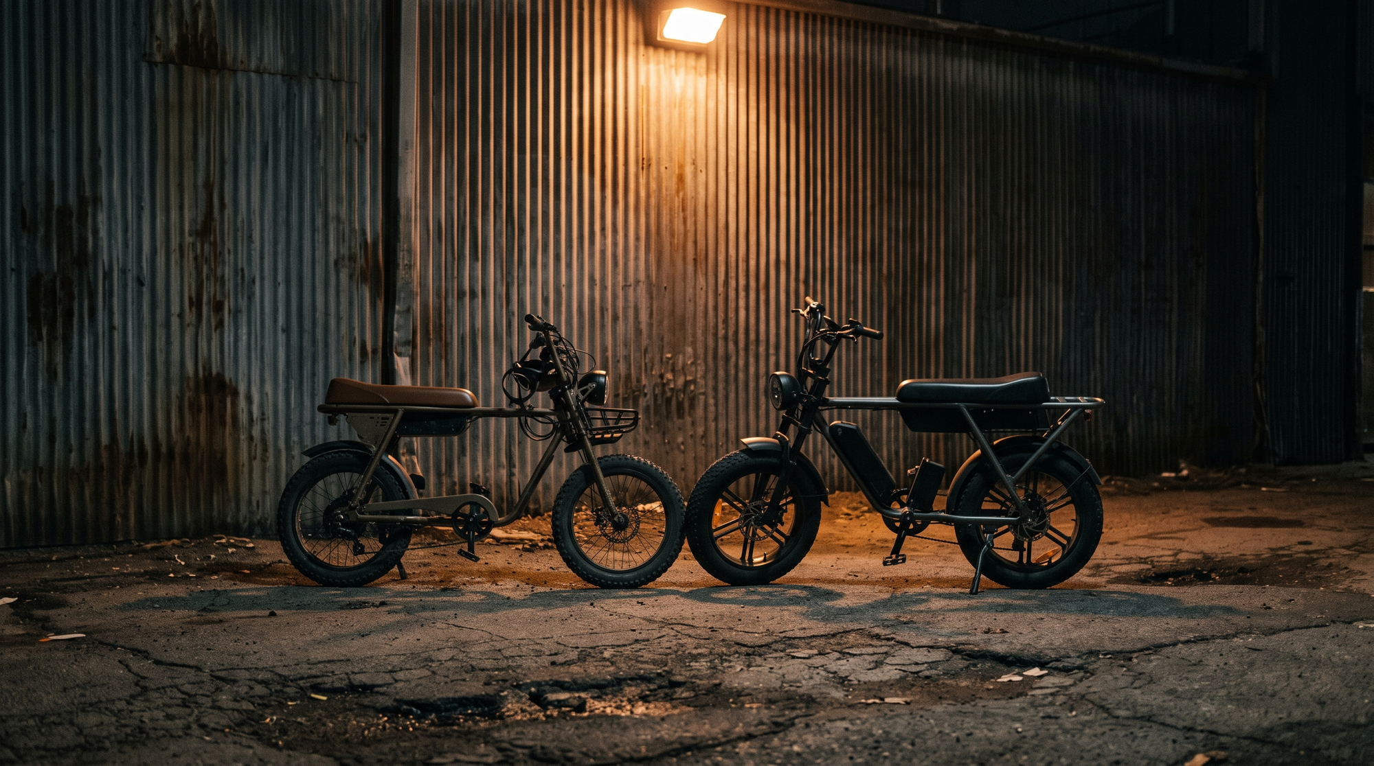 Two moped-style electric bikes under a streetlight at night