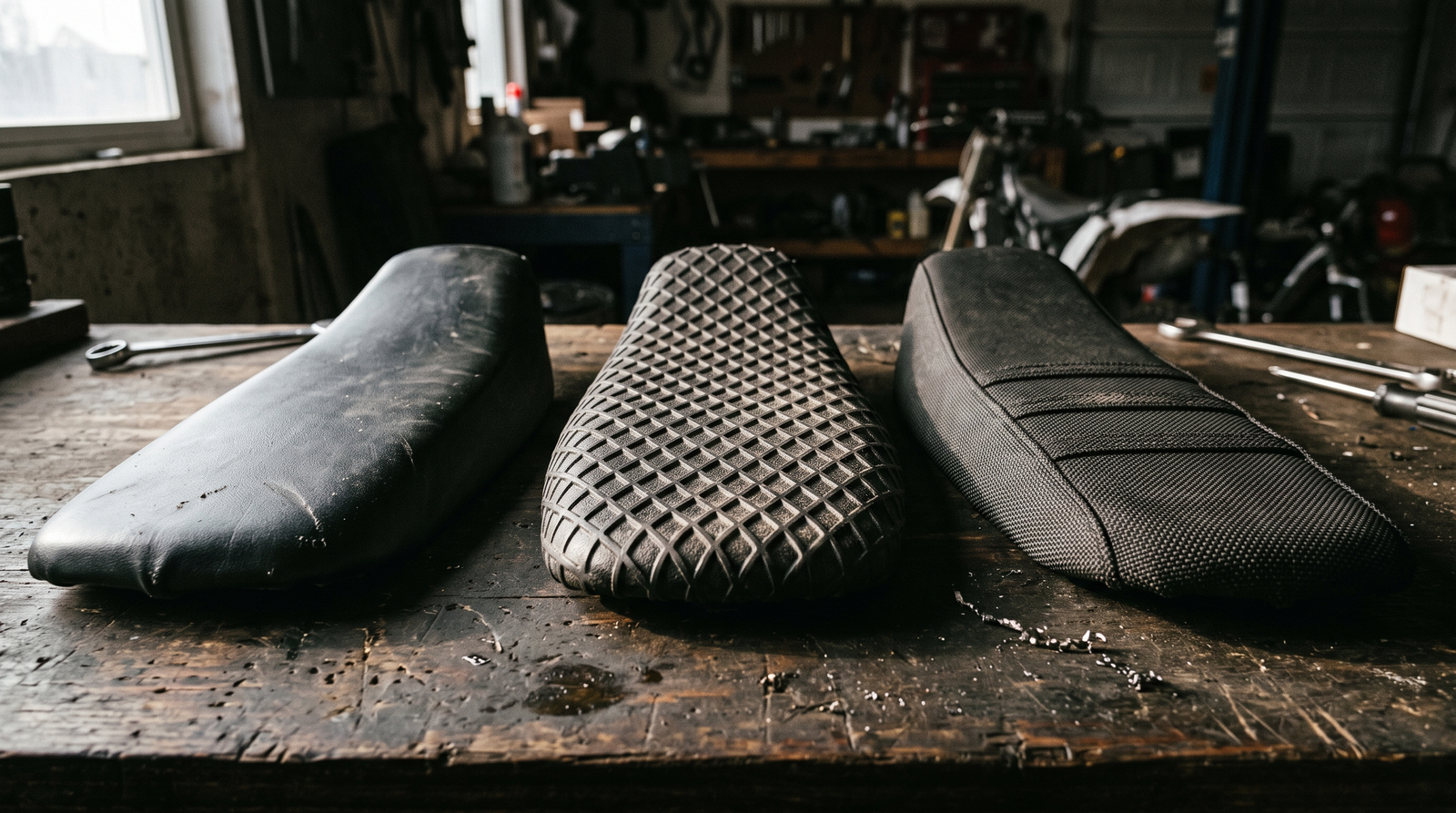 Three dirt bike seat cover materials laid side by side on a workbench: smooth vinyl, diamond gripper and woven ballistic nylon