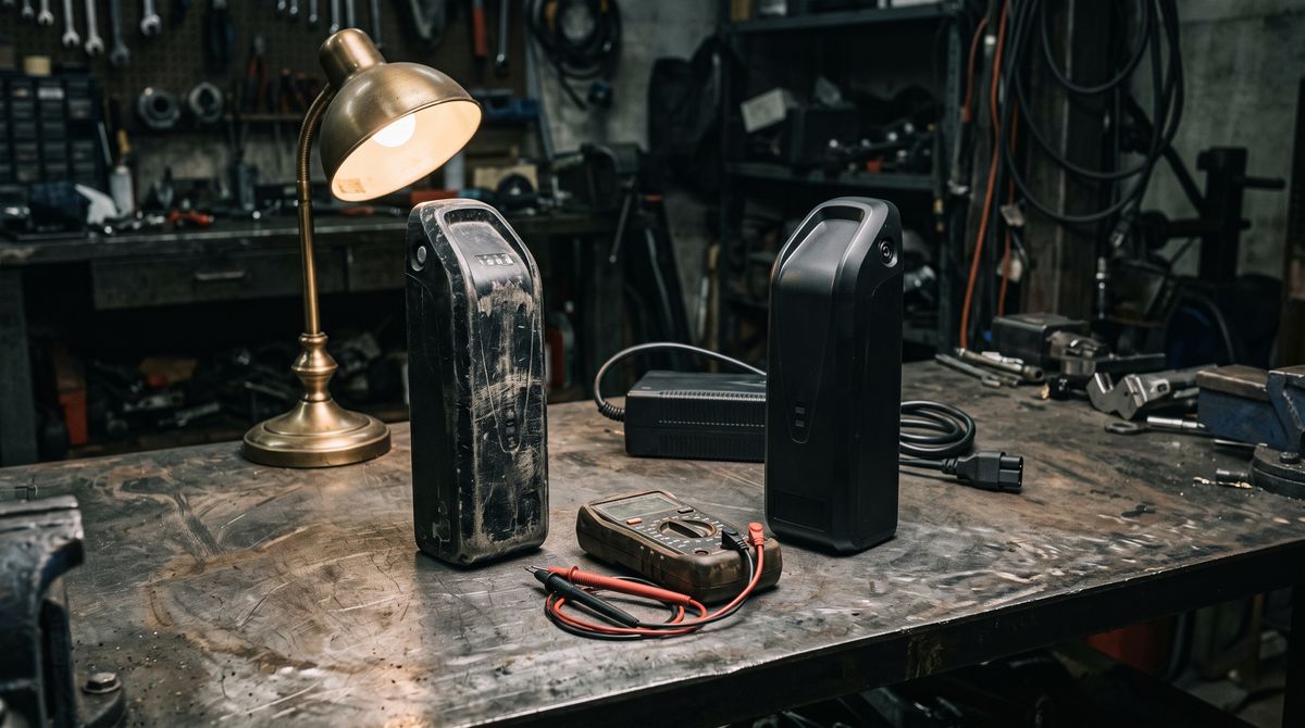 Two e-bike battery packs and a multimeter on a workbench