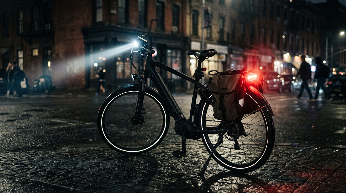 E-bike at night with bright headlight beam and glowing tail light