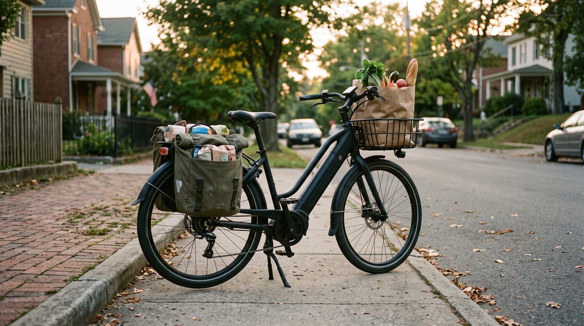 Commuter e-bike loaded with panniers and a grocery basket at the curb