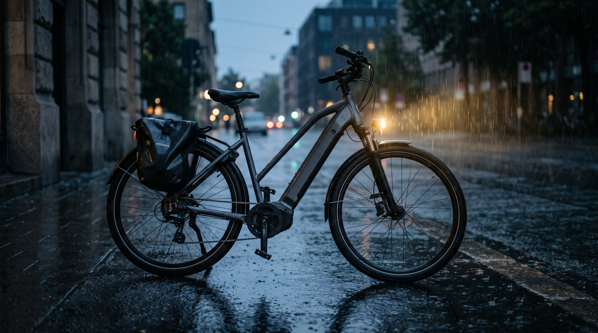 Commuter e-bike with fenders and headlight on a rain-soaked street at dusk