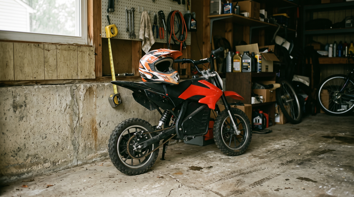 Youth electric dirt bike with a kids motocross helmet and tape measure in a garage