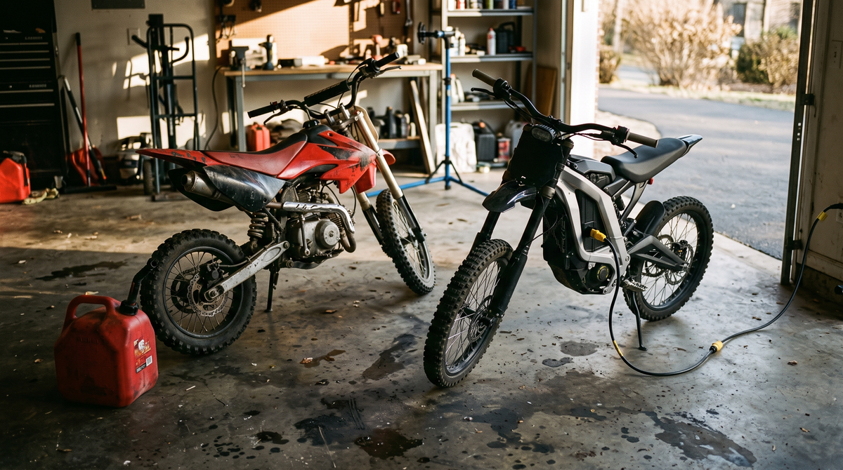 Gas dirt bike with fuel jug next to an electric dirt bike on charge in a garage