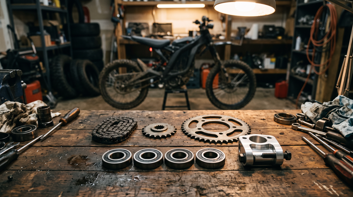 Primary drive conversion parts, bearings and an axle block laid out on a workbench