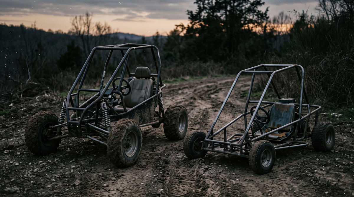 Two off-road go-karts on rutted dirt at dusk, one with tall suspension and one low and rigid