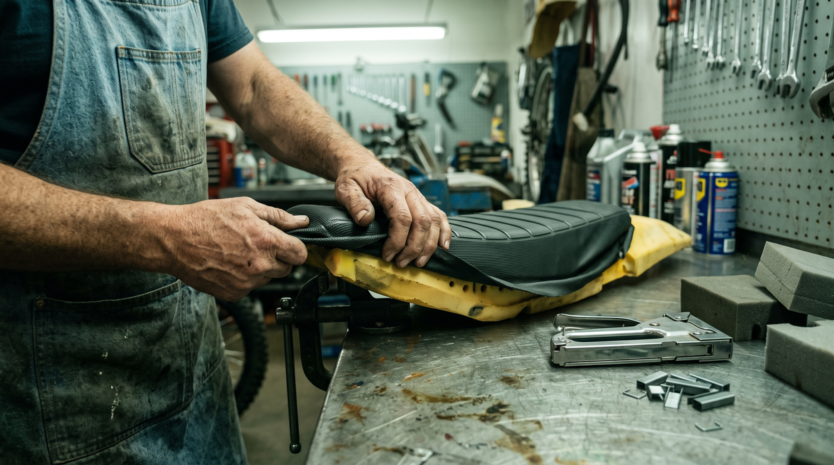 Hands fitting a gripper cover over dirt bike seat foam on a workbench