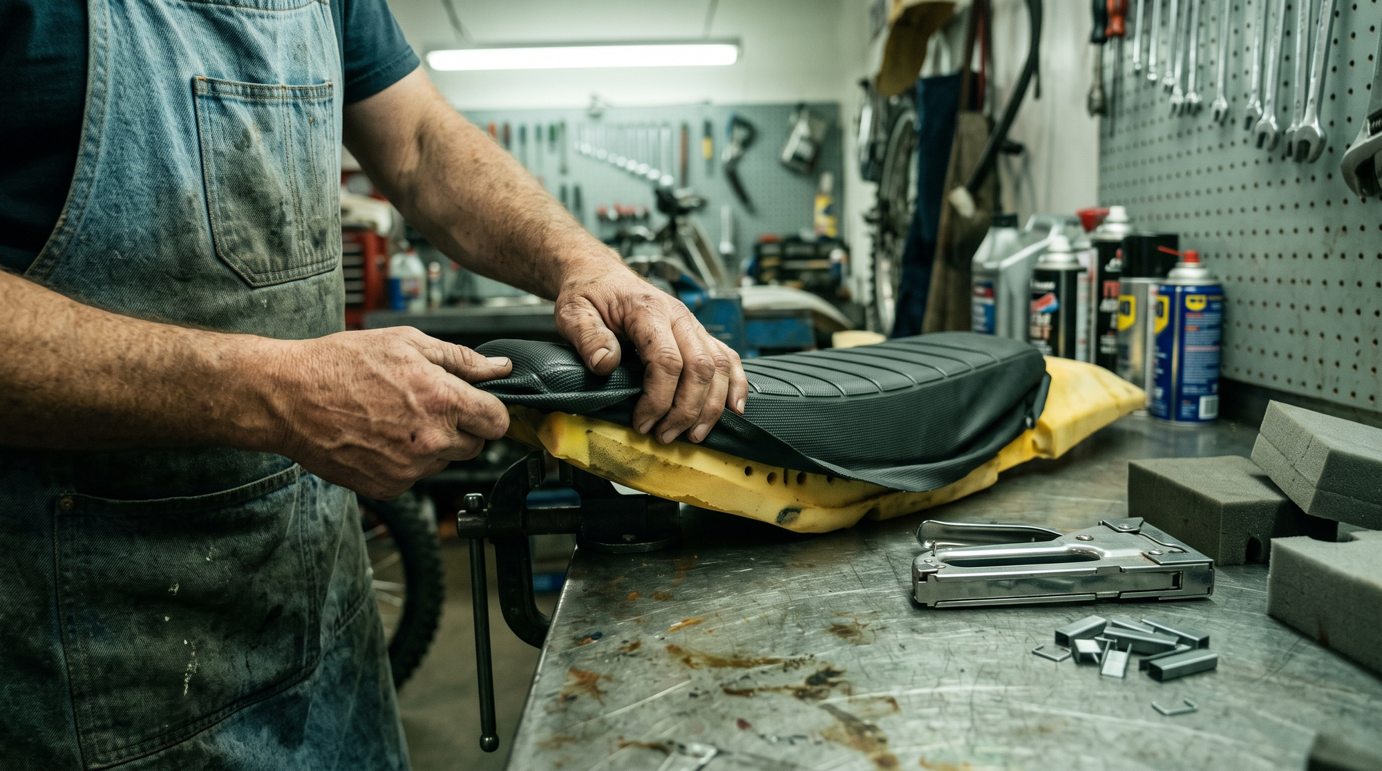 Hands fitting a gripper cover over dirt bike seat foam on a workbench