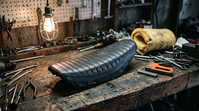 Ribbed black dirt-bike seat resting on a scarred wooden workbench under a single garage work lamp