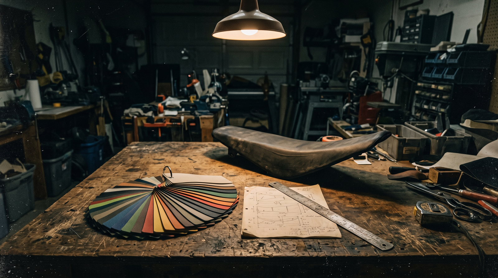 Colored grip vinyl swatches fanned out on an upholstery bench beside a bare dirt bike seat pan and a spec sheet