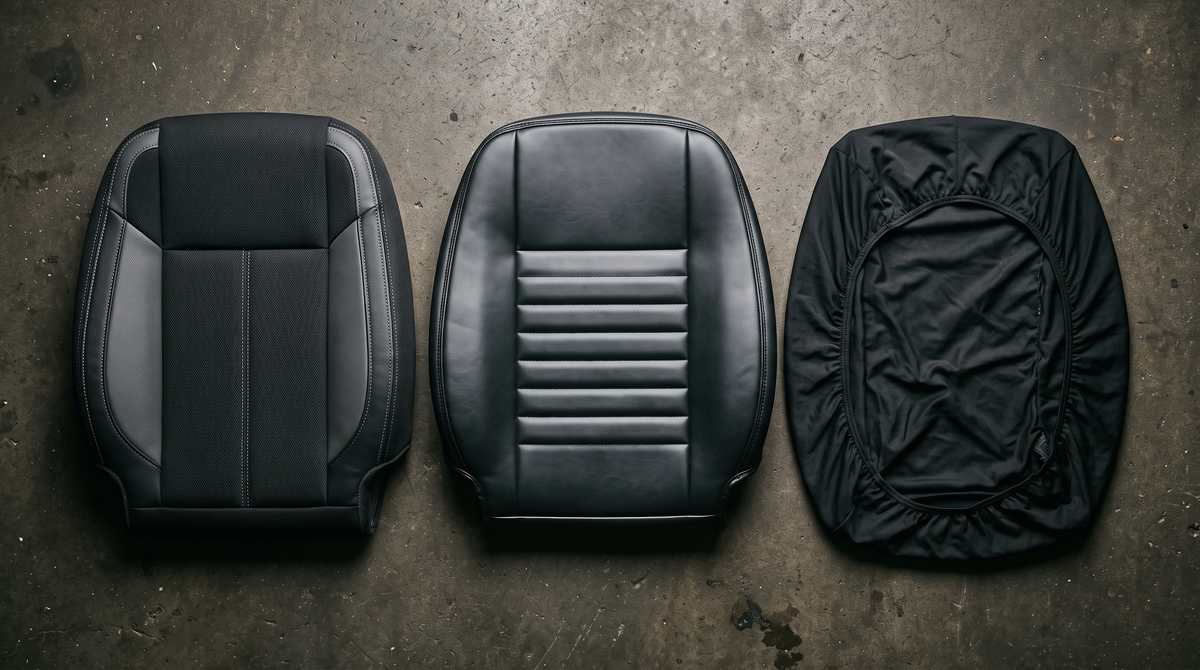 Three seat covers on dark concrete: a cut-and-sewn cover, a factory vinyl cover and a loose universal stretch cover