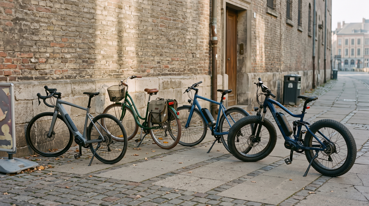 Four commuter e-bikes lined up along a brick wall in morning light