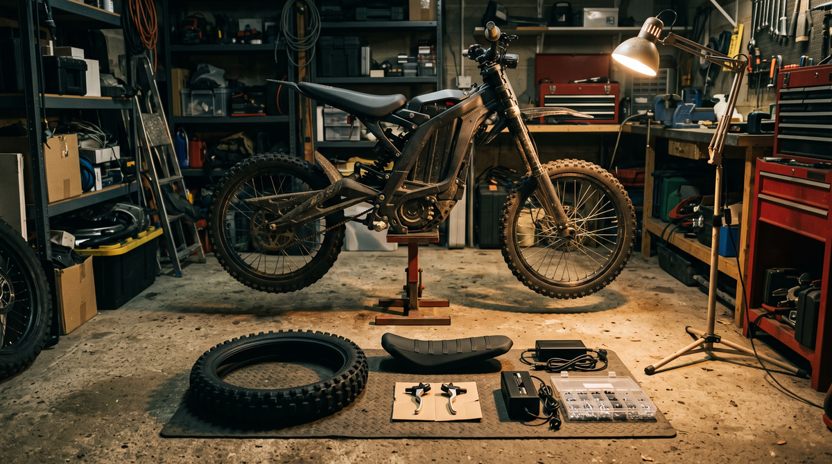 Electric dirt bike on a stand with its first upgrade parts laid out