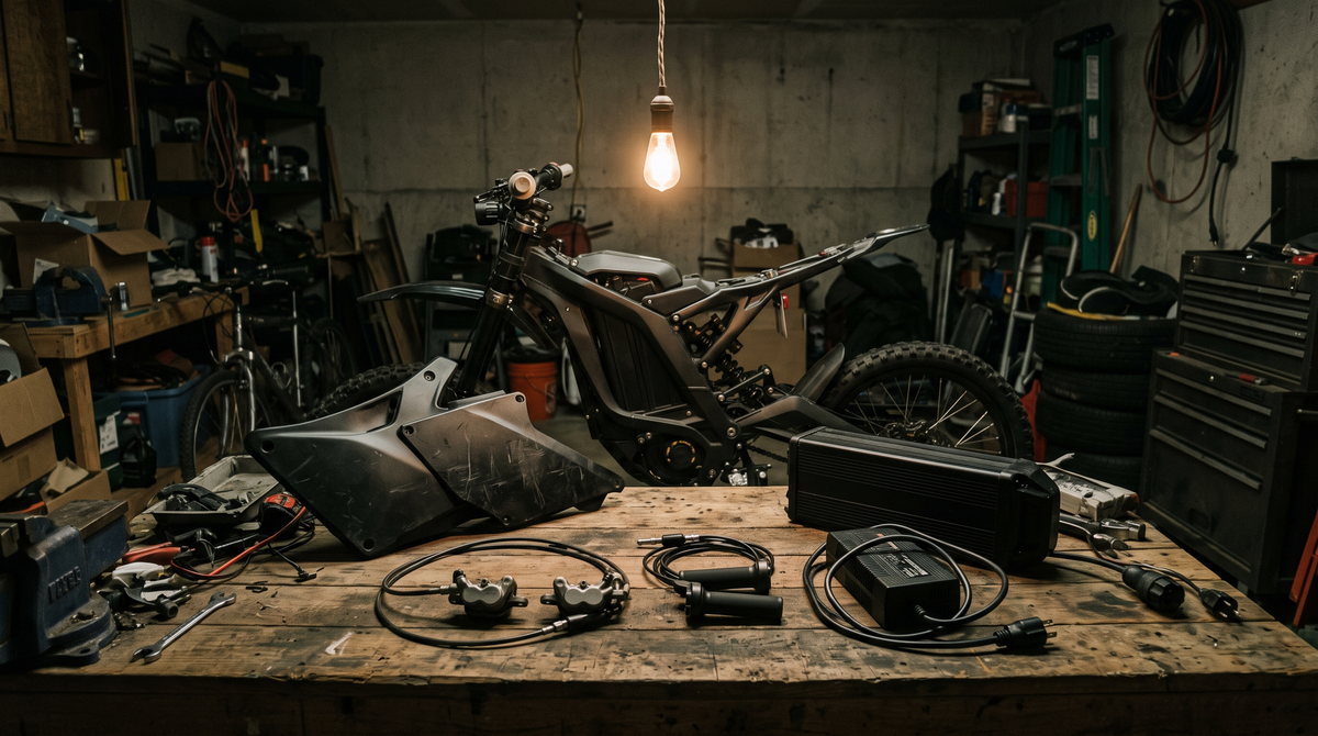 Mid-size electric dirt bike in a garage at night with body panels, brake calipers, a throttle and a charger on the workbench