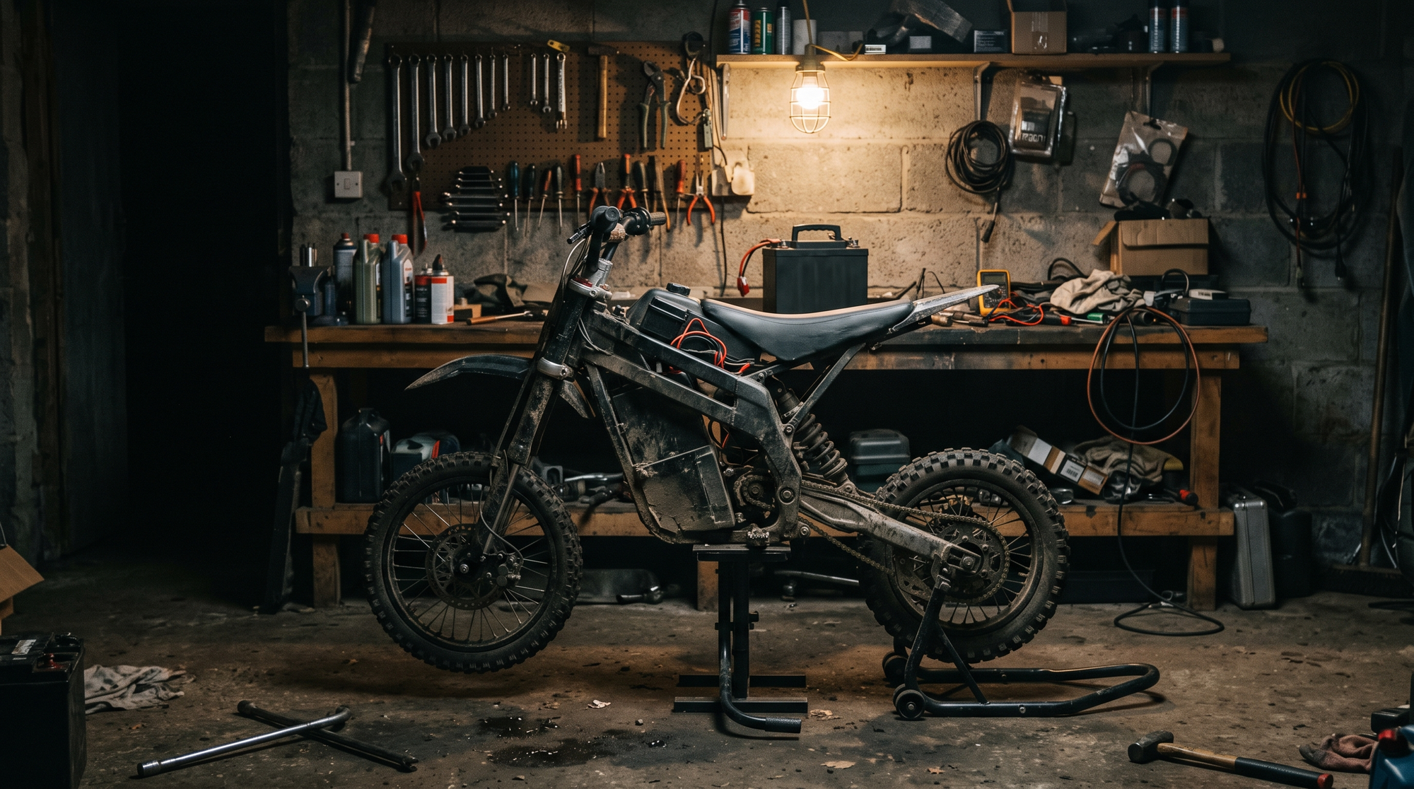 Electric pit bike on a stand in a dark garage with a removable battery on the bench