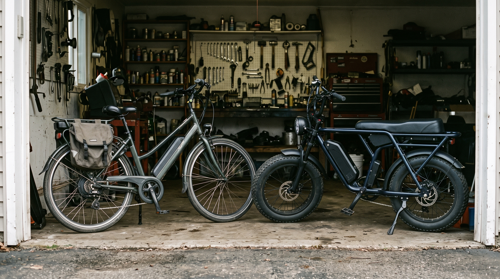 A step-through commuter e-bike and a moped-style fat-tire e-bike side by side in a garage doorway