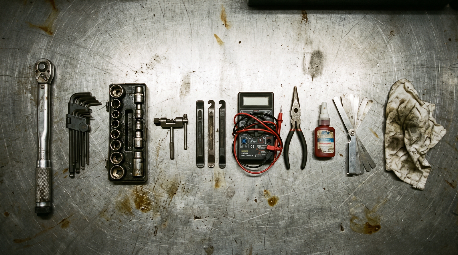 Ten hand tools laid out in a row on a scratched steel workbench