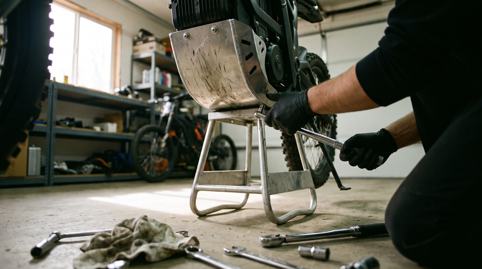 Aluminium skid plate being torqued to the underside of an electric dirt bike on a stand