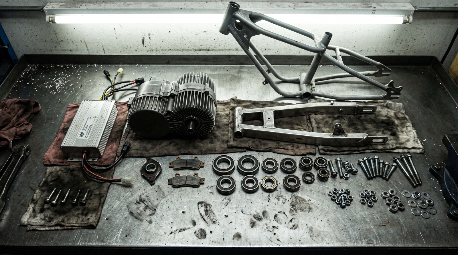 Electric dirt bike stripped down across a workbench with parts laid out in rows