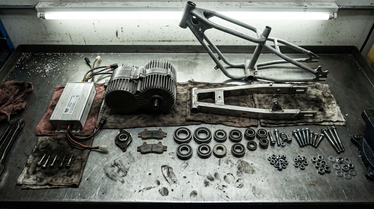 Electric dirt bike stripped down across a workbench with parts laid out in rows