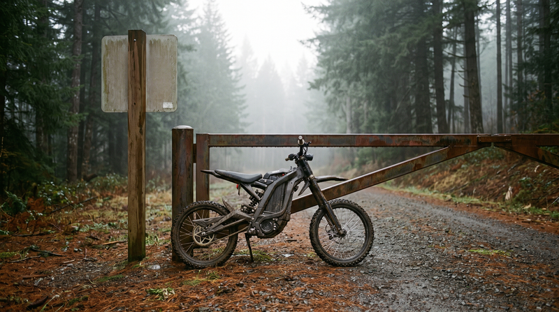 Electric dirt bike stopped at a closed forest trailhead gate beside a sign post