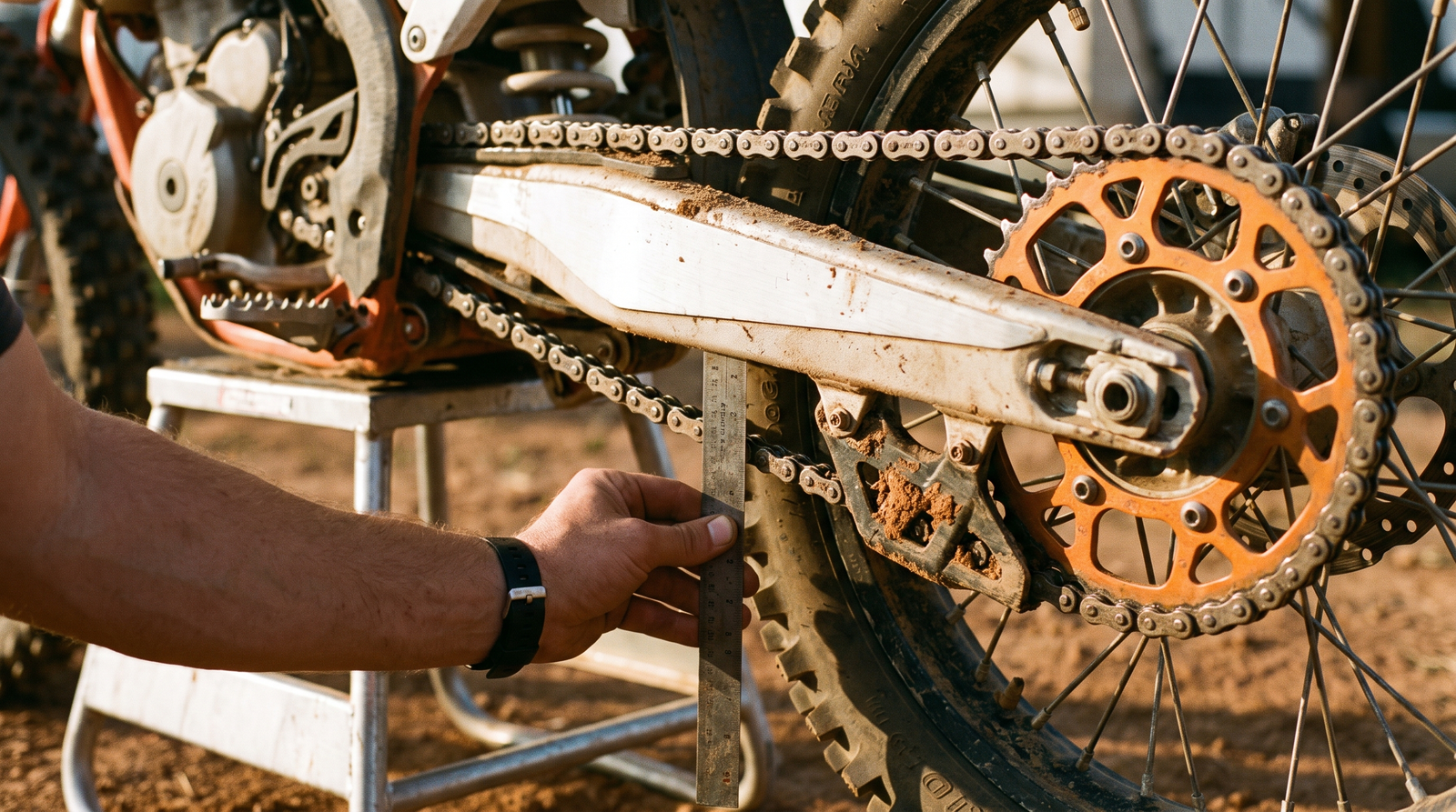 Steel rule measuring chain slack against a 420 chain and orange rear sprocket