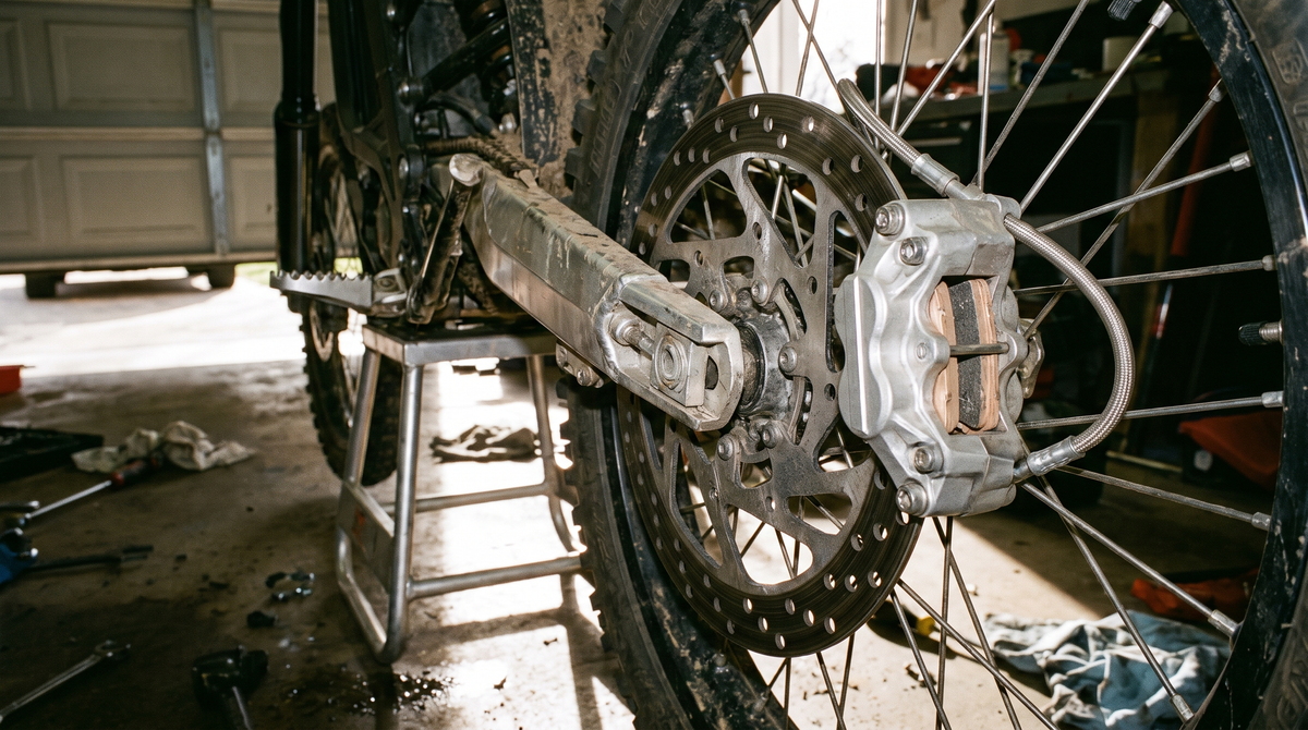 Four-piston brake caliper and rotor on a dirt bike held on a workshop stand