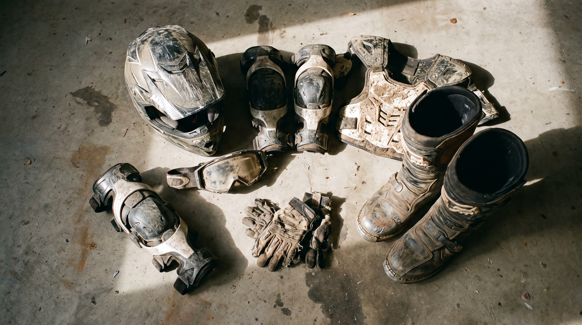 Used motocross protective gear laid out on a garage floor