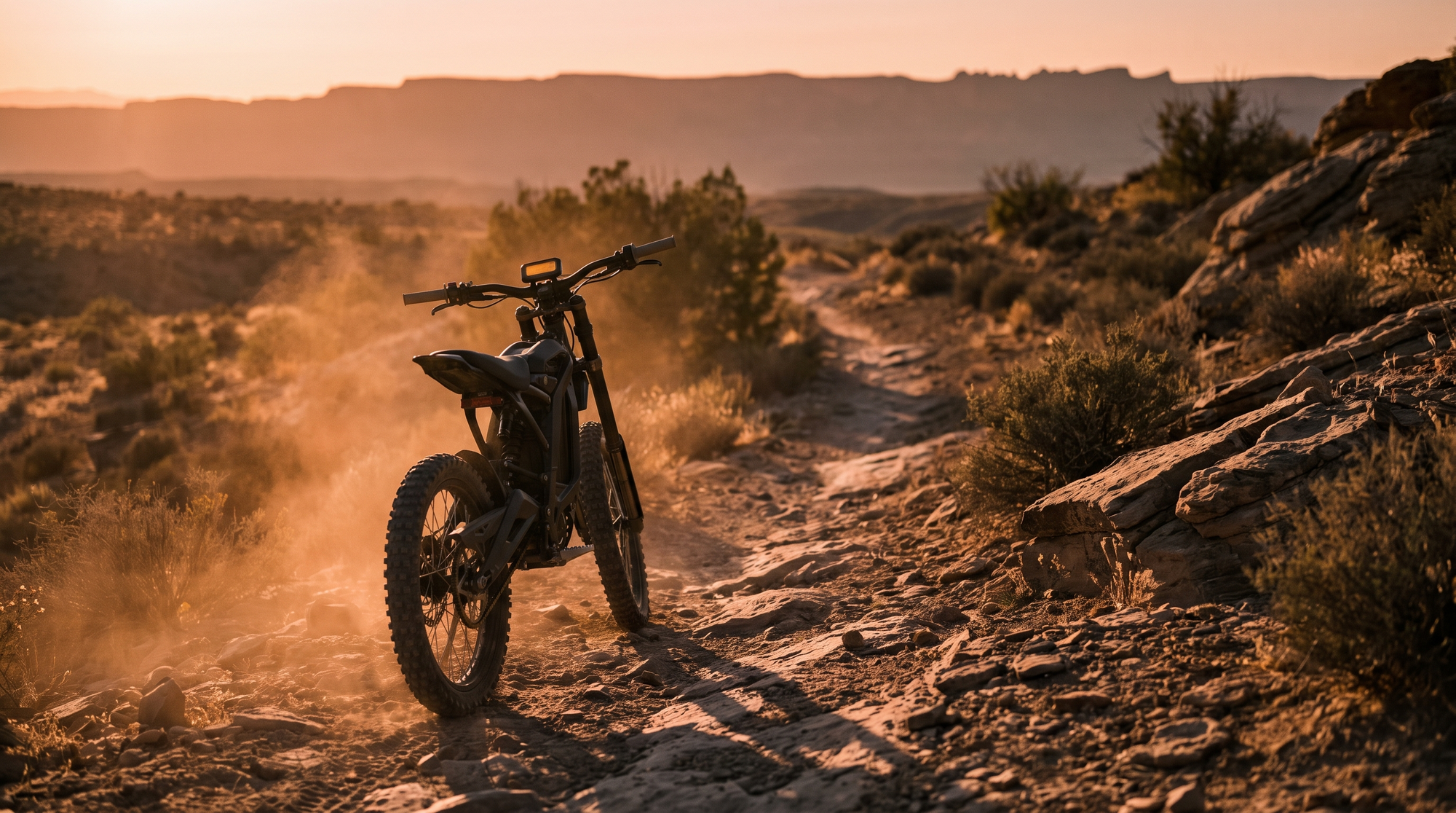 Electric dirt bike stopped on a rocky desert trail at golden hour
