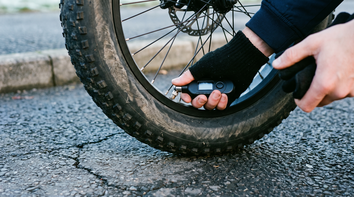 Digital pressure gauge on the valve stem of a wide commuter e-bike tire