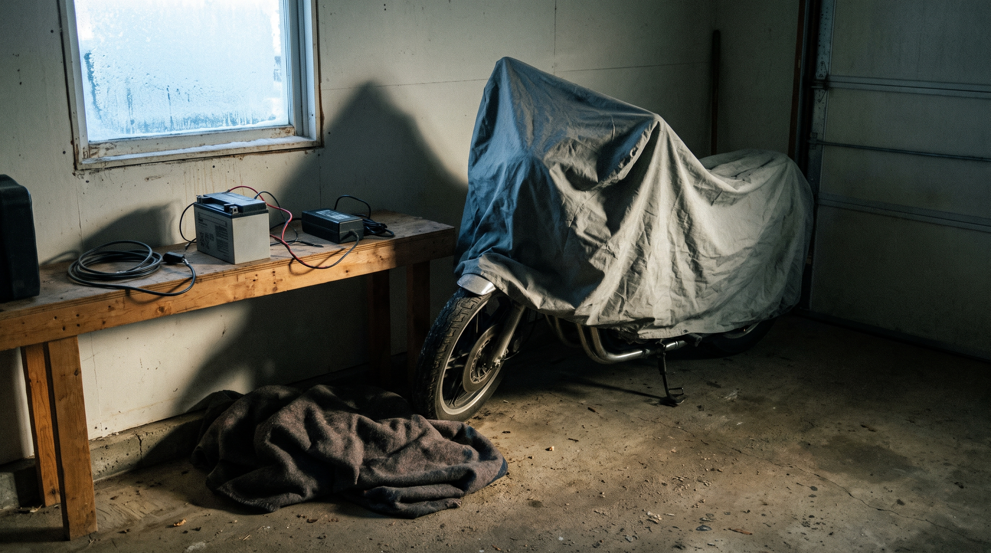 Electric dirt bike under a cover in a cold garage with the battery pack on a shelf