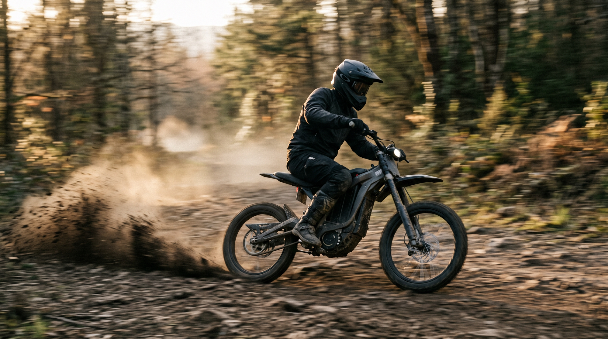 Electric dirt bike at speed on a dirt trail with motion blur