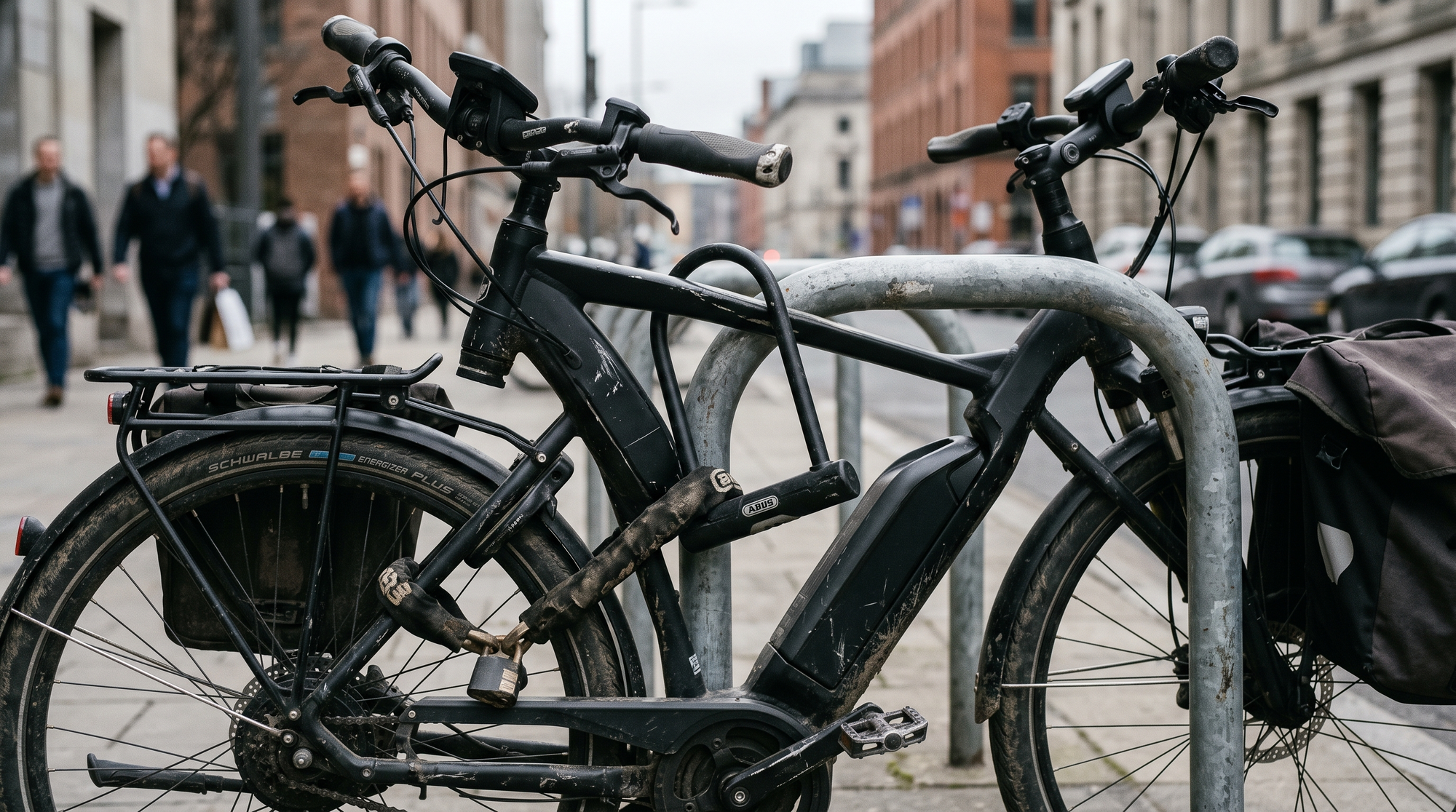 Commuter e-bike secured to a steel rack with a U-lock and chain
