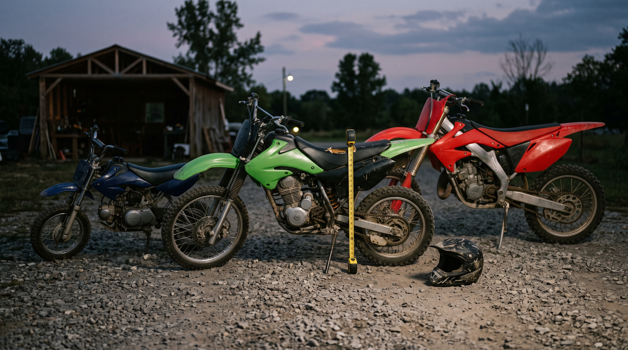 Three dirt bikes of different seat heights on a gravel lot at dusk with a tape measure over the middle seat