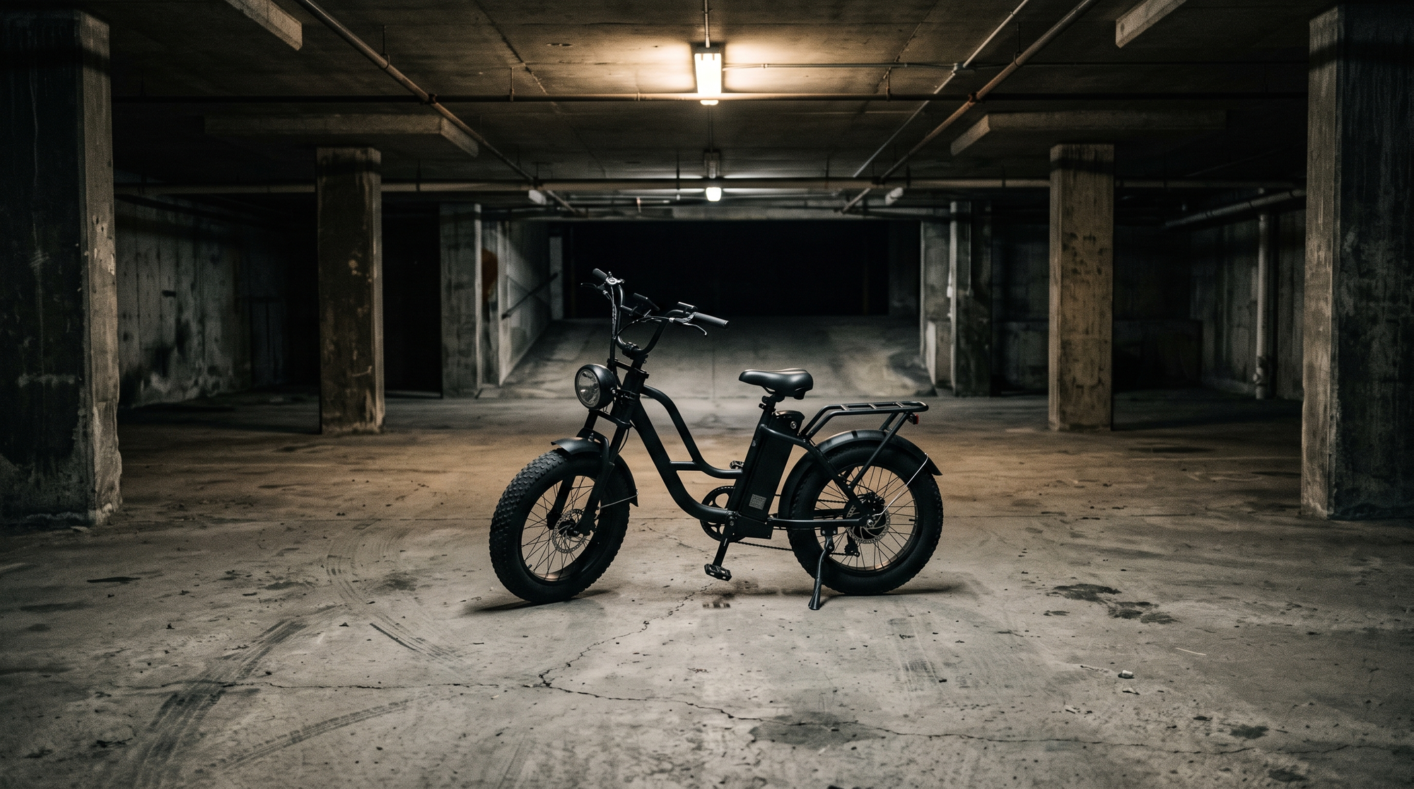 A plain black moped-style fat-tire e-bike alone in an empty parking garage under one light