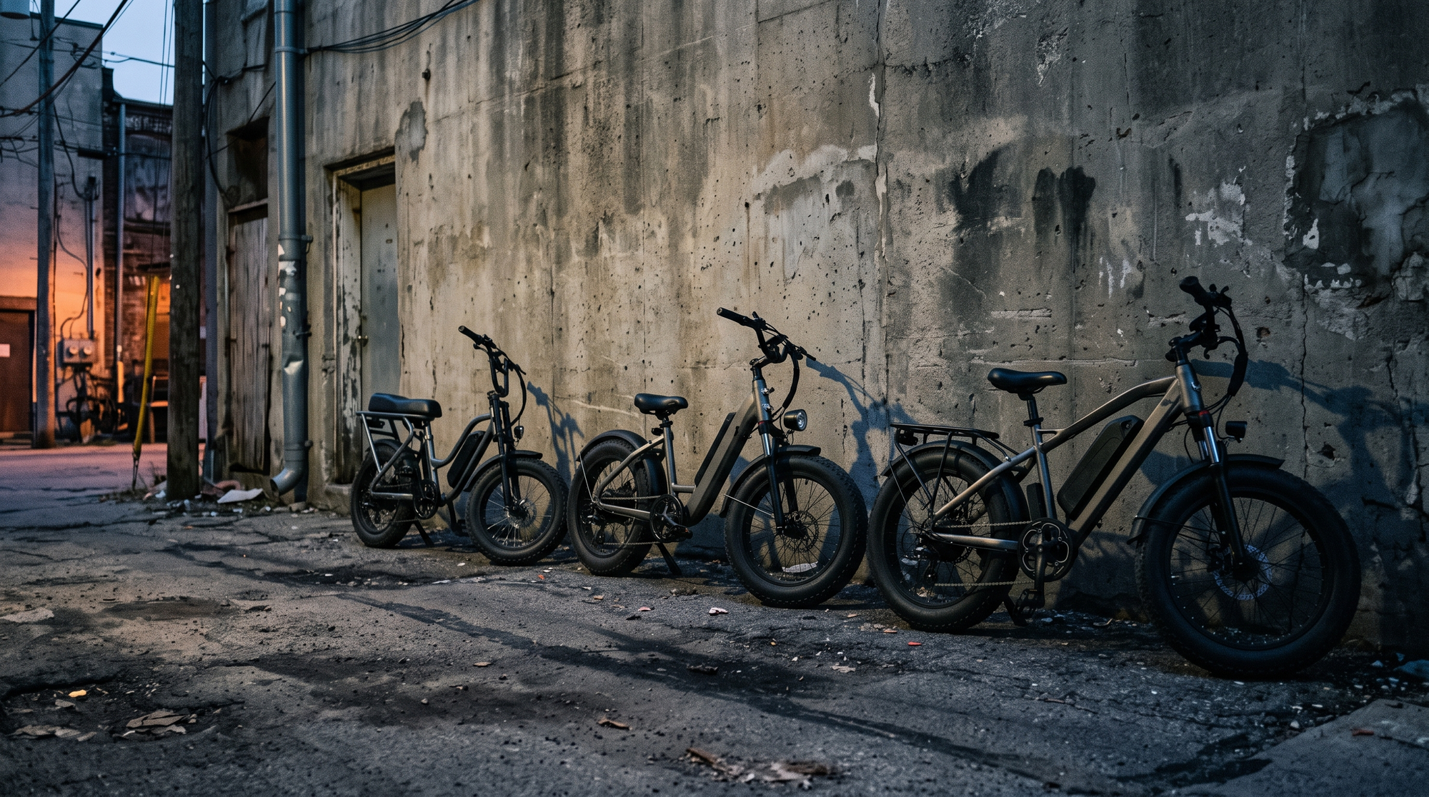 Three moped-style fat-tire e-bikes of different sizes lined up against a concrete wall at dusk