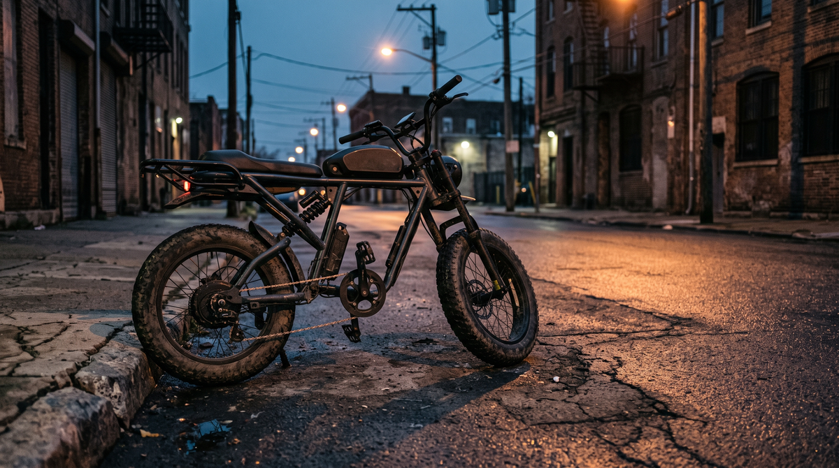 Moped-style fat-tire e-bike with full suspension leaning on a city curb at dusk