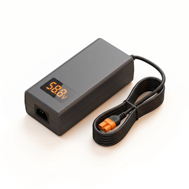 Battery pack on a bench with a charger and a meter