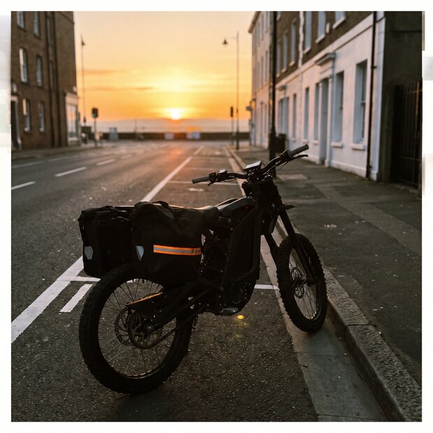 Commuter e-bike with panniers parked on a city street at sunrise